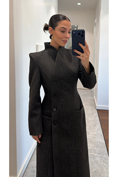 My Blog Anthrazitfarbener Premium-Mantel mit langer Taille – 2825