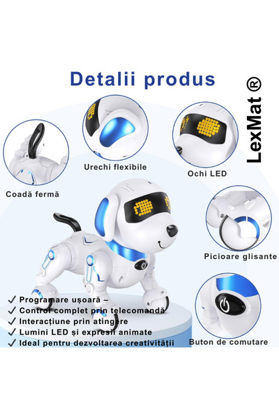 LexMat Intelligent Robot Dog White with Blue, 3 years+, with Remote Control, LED Lights, Music, Dancing and