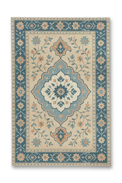 Rugs Modern Halı سجادة موسو زرقاء وبيج بنمط تقليدي من الزهور وقاعدة منسوجة بن...