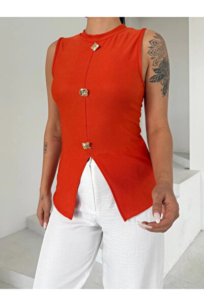 ZENGEZUR MALL Drnds Women Orange Crew Neck Gold Buttoned Ottoman Blouse S2310 (215010) (Size: S)