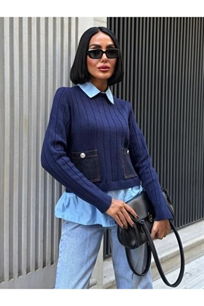 Kamber Woman Sobe Women's Poplin and Denim Paneled Knitwear Sweater