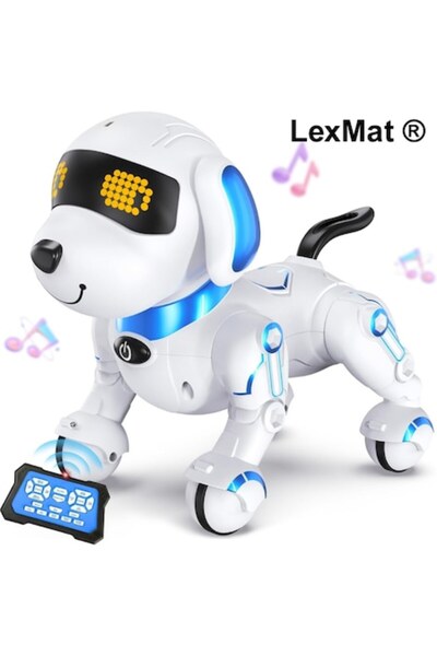 LexMat Intelligent Robot Dog White with Blue, 3 years+, with Remote Control, LED Lights, Music, Dancing and