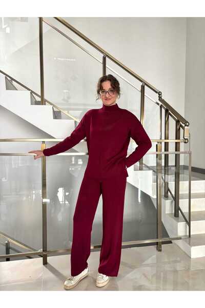 Sude Kızanlıklı Turtleneck Sweater Pants Knitwear Set