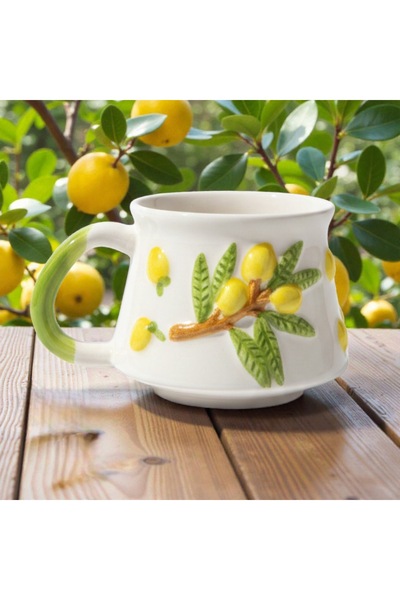 İlbay Çini Takı Limon Kabartma Desenli Üç Boyutlu Kupa, El İşi Kabartma Limon Figürlü Kupa, Hediyelik Kupa