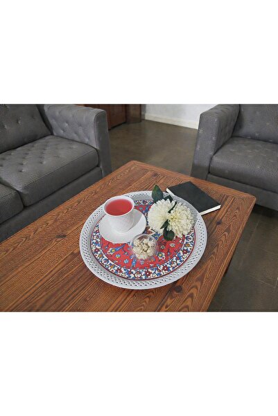 Canbay Store 3 Adet Örgülü Kırmızı Kilim Desenli Tepsi Sunum Tepsisi