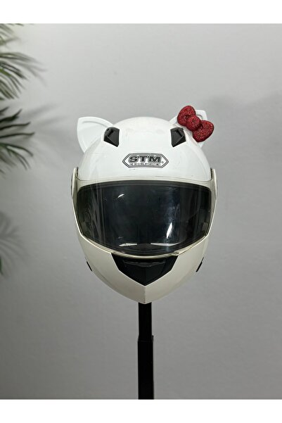 Butik Motor & Motosiklet Kırmızı Simli Fiyonklu Beyaz Kedi Kulak Kask Dış Aks...
