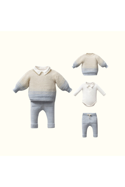 Nipperland Erkek Bebek %100 Pamuk Polo Yaka Degrade Kazak Zıbın Pantolon 3'lü...