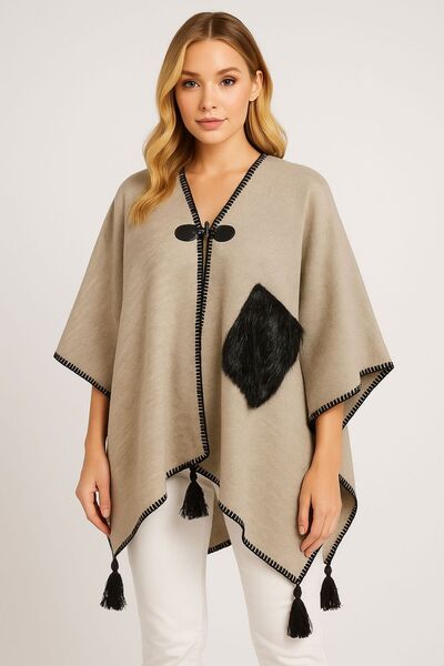 sf collection Women's Casual Model Fur Detailed Knitwear Knitted Poncho