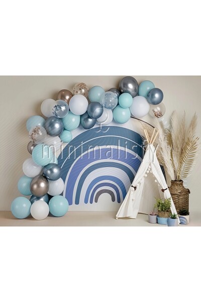 Minimalisfy Mavi Pastel Gökkuşağı Teepee 1 Yaş Doğum Günü Pasta Patlatma 200x...