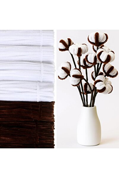 Cinnamon Bunny 75 Adet Şönil Tüylü Tel Pamuk 50 Beyaz 25 Kahve Tel Çiçek Yapımı Buket Eğitici Şönil Seti