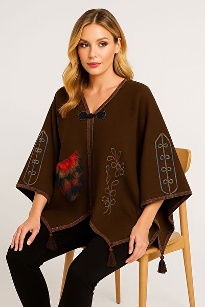 sf collection Women's Casual Model Fur Detailed Knitwear Knitted Poncho