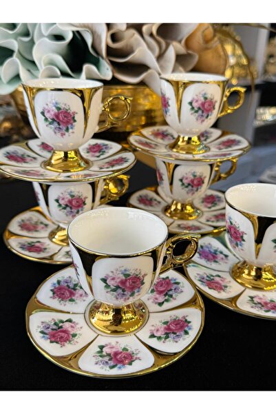 LOKMAN ZÜCCACİYE SHOWROOM طقم فناجين قهوة من البورسلين مزخرف بالزهور مع تفاصي...