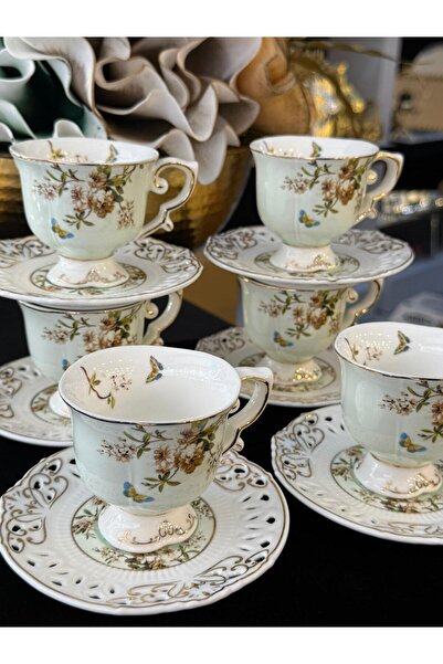 LOKMAN ZÜCCACİYE SHOWROOM Gold Gilded 6-Person Green Color Flower Motif Coffee Cup Set Flower (90ml)