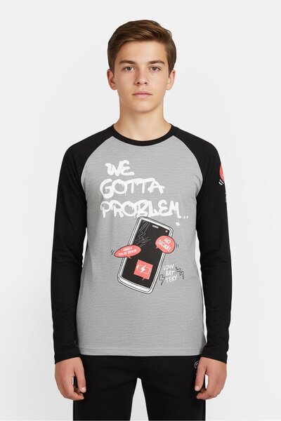 HAWK تي شيرت مطبوع عليه رسومات بأكمام طويلة وياقة دائرية للأولاد، متعدد الألوان