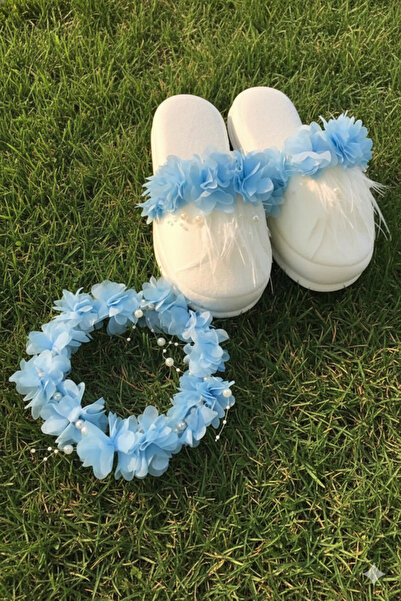 Fiyonks Atölye Maternity Slippers and Floral Crown, Women's Maternity Set, Feathered Pearl Model