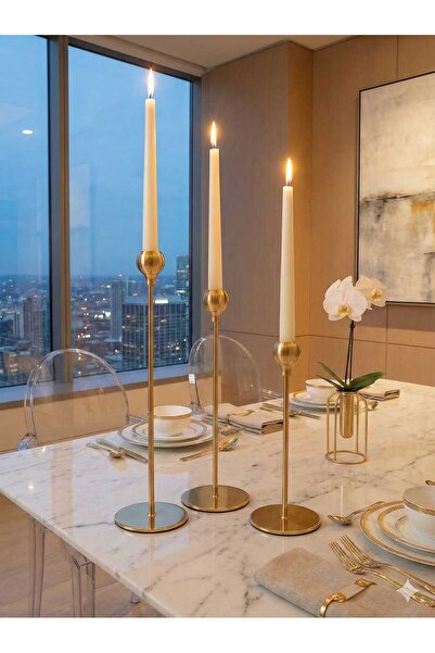 LOVYCO 3'lü Gold Mumluk Takımı, Dekoratif Ev Aksesuarı, Paslanmaz Şamdan Seti
