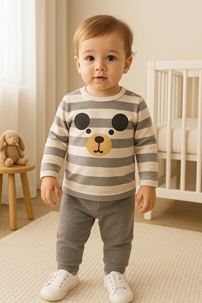 KapsülBebek 100% Cotton Striped Teddy Bear Patterned 2-Piece Baby Set