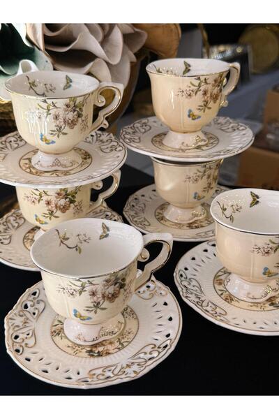 LOKMAN ZÜCCACİYE SHOWROOM 6-Piece Gold-Plated Cream-Colored Footed Coffee Cup Set with Flower Motif Flower (90ml)