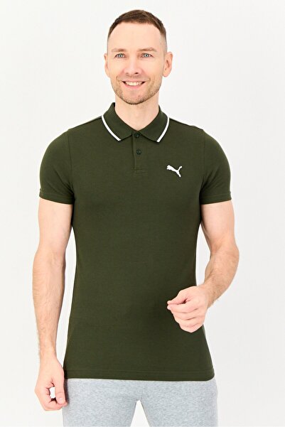 Puma قميص بولو رجالي قصة ضيقة للأنشطة الخارجية بأكمام قصيرة وقصيرة، زيتوني