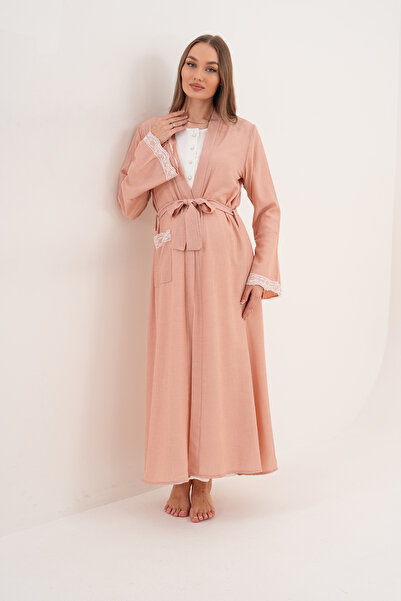 BLACKMORE Women's Powder Jacquard Lace Detailed Cotton Full Length Maternity Nightgown Dressing Gown Set of 2