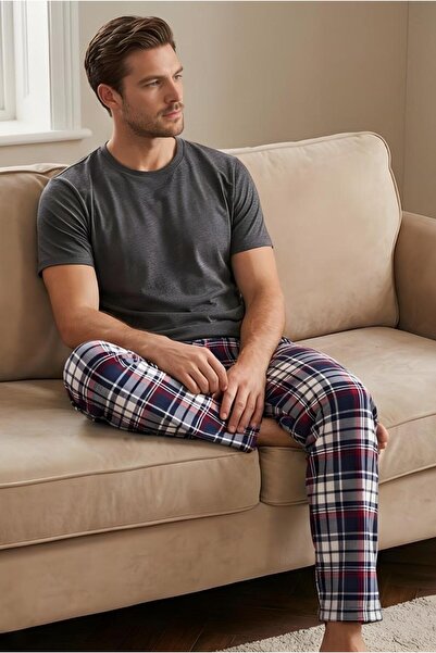 MORRO Men's 100% Cotton Interlock Pajama Bottoms Casual Home Wear Comfortable Plaid Pajama Bottoms