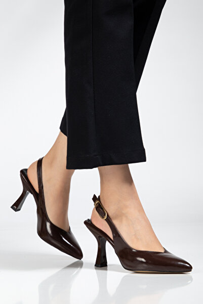 Genetti Women's Bitter Brown Thin Heel Pointed Toe Ballet Strap Slingback Stiletto Heeled Shoes