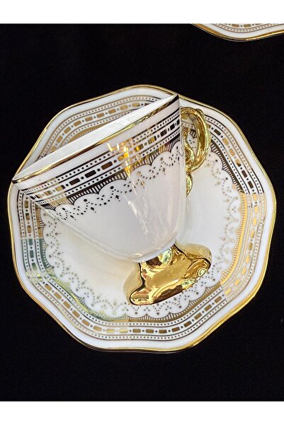 LOKMAN ZÜCCACİYE SHOWROOM 6-Piece White Embossed Gilt Footed Coffee Cup Set 90 ml (Cliff)