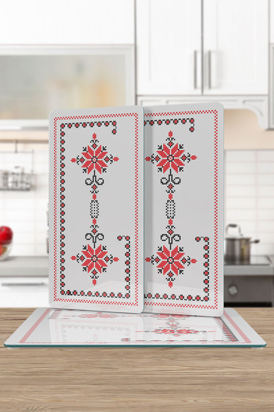 Decovetro Glass Presentation Serving Plate Set of 3 Rectangular Cross Stitch Patterned