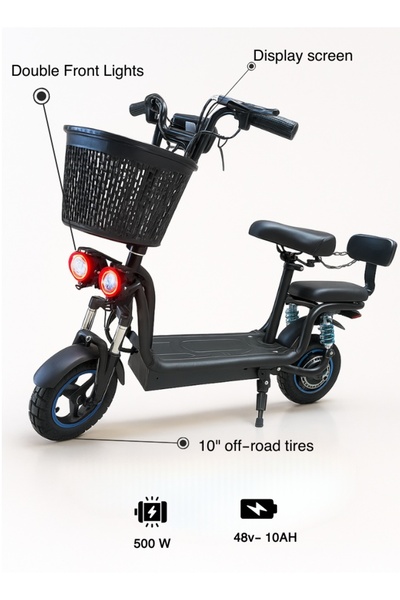 niyazi سكوتر كهربائي بمقعدين للكبار 48 فولت 500 واط سلة تخزين وإطارات 10 إنش