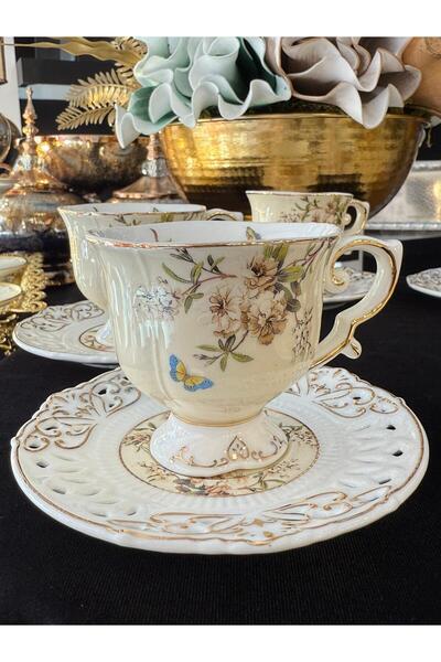 LOKMAN ZÜCCACİYE SHOWROOM 6-Piece Gold-Plated Cream-Colored Footed Coffee Cup Set with Flower Motif Flower (90ml)