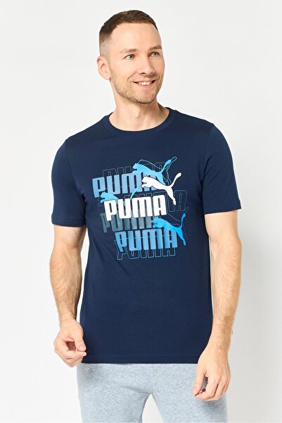 Puma Men Sportswear Fit Short Sleeve Multiple Logo Outdoor T-Shirt, Navy