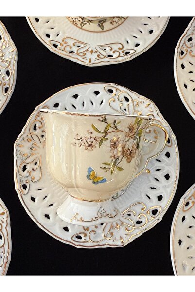 LOKMAN ZÜCCACİYE SHOWROOM 6-Piece Gold-Plated Cream-Colored Footed Coffee Cup Set with Flower Motif Flower (90ml)