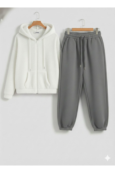 KVİNS Unisex Oversized Full Zip Plush Tracksuit Set |   Hooded Plush & Sweatp...