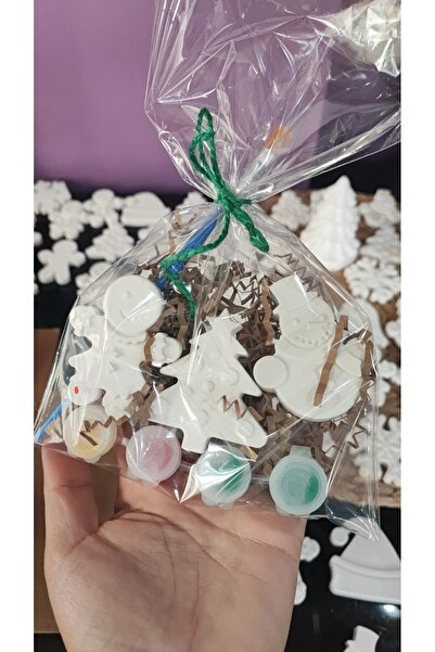 Butenin Atölyesi Yeniyıl hediyesi 10 adet, 3lü yılbaşı figürlü taş boyama seti, boya ve fırça hediyeli