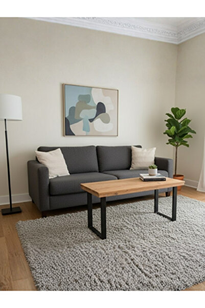 Ahşap Pazarı Doğal Masif Ahşap Metal Ayaklı Orta Sehpa | Endüstriyel Tasarım