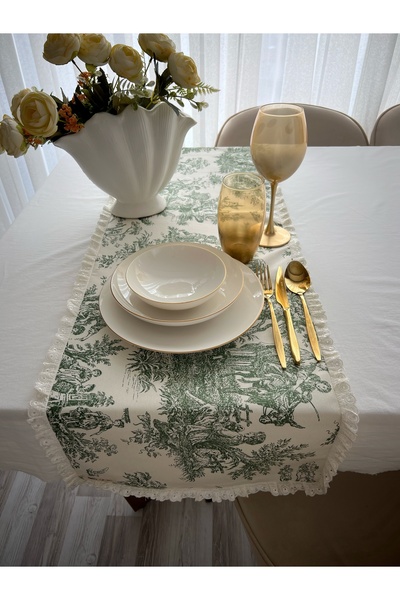 ToffyStore Fisto Detaylı Yeşil Keten Runner (40xx140cm)