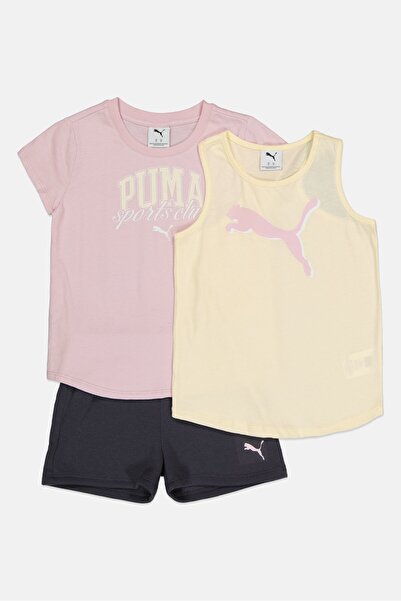 Puma Kids Girl 3 Pieces Brand Logo Short Sleeve T-Shirt And Shorts And Top Set, Multicolor