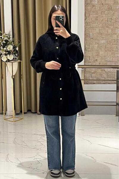 Ghisa Angora Coat with Hood, Drawstring Waist, and Gold Snap Buttons