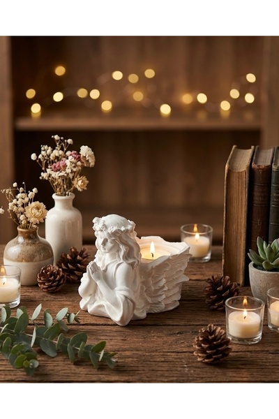 ZEROXO Dua Eden Melek Figürlü Mumluk | Romantik Beyaz Tealight Şamdan Dekor O...
