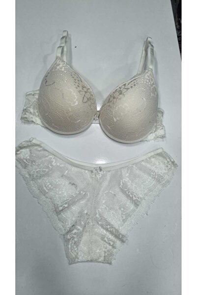 PALVİN Underwire, Covered, Padded Ecru Lace Lingerie Set