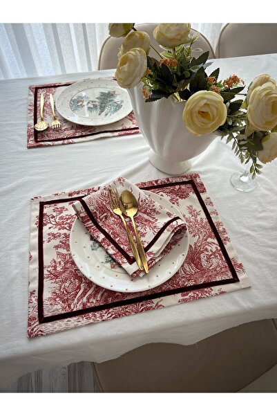 ToffyStore Red – Linen American Tablecloth with Velvet Border Detail (35X45Cm)