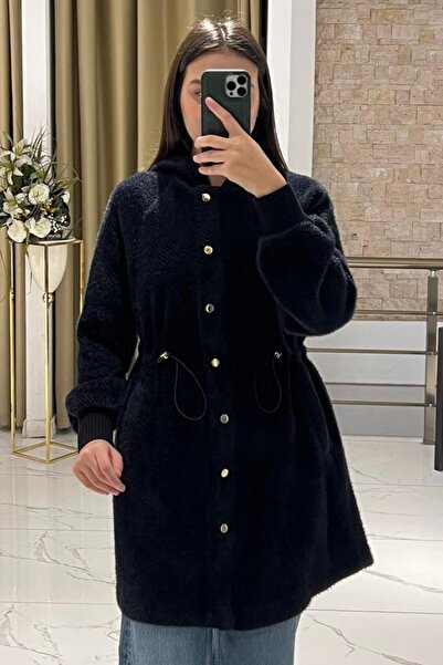 Ghisa Angora Coat with Hood, Drawstring Waist, and Gold Snap Buttons