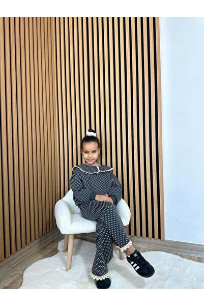 Magu Girls' Cotton Polka Dot Patterned Lace Collar Set – Wide Leg Pants