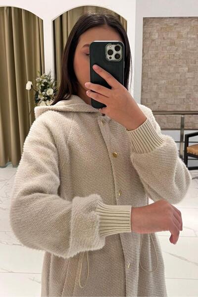 Ghisa Angora Coat with Hood, Drawstring Waist, and Gold Snap Buttons