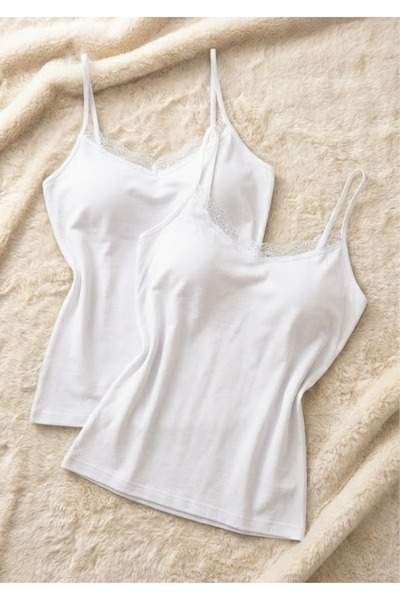 Loule Women's 2-Pack Lace Detailed String Strap Tank Top - 95% Cotton Soft & Anti-Sweat Stretchy Fabric