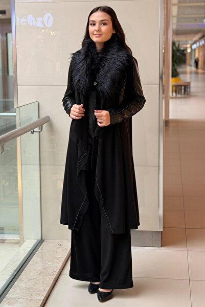 Ghisa Detachable Fur Leather Detailed Cap Sleeveless Underwear Pants 3-Piece Set