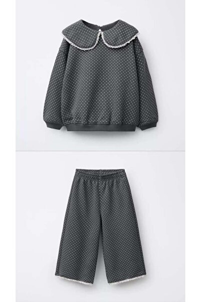 Magu Girls' Cotton Polka Dot Patterned Lace Collar Set – Wide Leg Pants