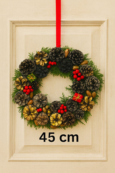 Marrone Büyük Çelenk 45 cm Kozalak Yılbaşı Kapı Süsü Yeni Yıl Hediyesi