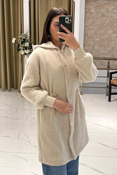 Ghisa Angora Coat with Hood, Drawstring Waist, and Gold Snap Buttons