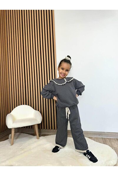 Magu Girls' Cotton Polka Dot Patterned Lace Collar Set – Wide Leg Pants